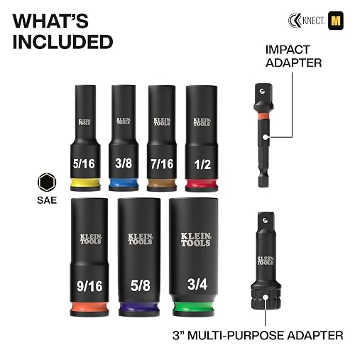 KLEIN TOOLS 65109IMPCT KNECT Juego de dados de impacto de pozo profundo de 3/8 de pulgada, juego de herramientas SAE de 9 piezas con adaptador de destornillador de impacto, adaptador de llave