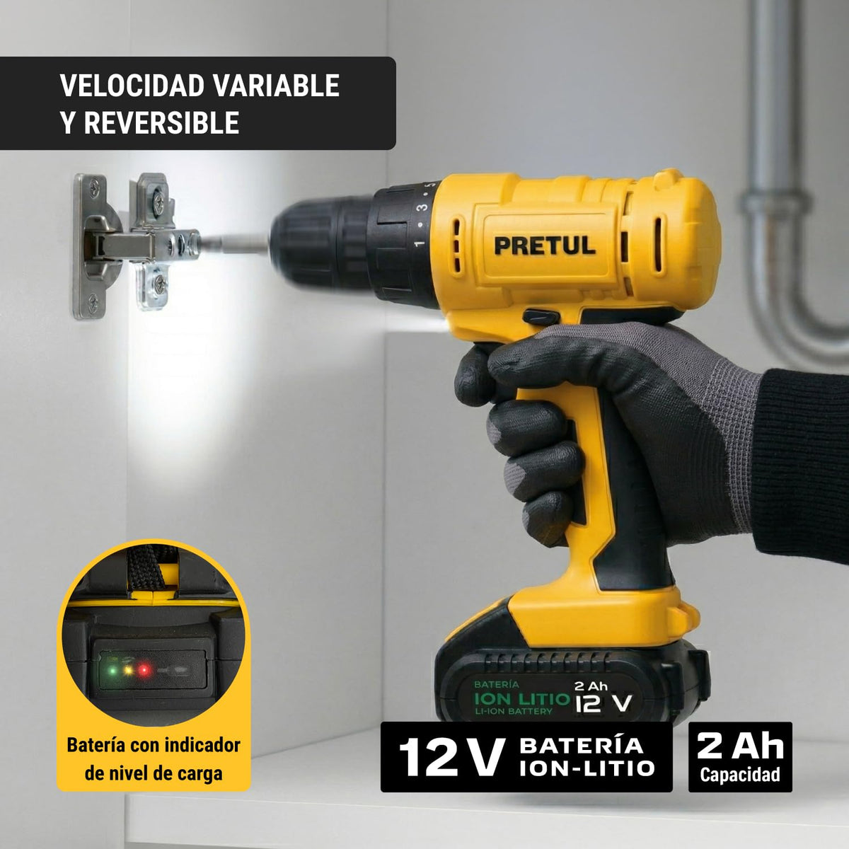 PRETUL TALI-12P, Taladro/destornillador 3/8", 12V con 1 batería de 2Ah