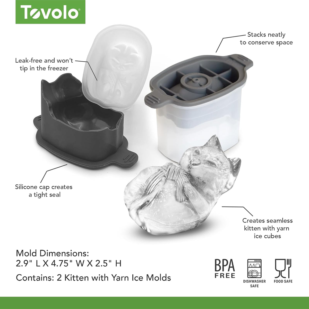 Tovolo Molde Hielo Gatito Juego 2 | Molde grande, diseño gato jugando hilo, fácil apilar, tapa silicona sin fugas, plástico sin BPA
