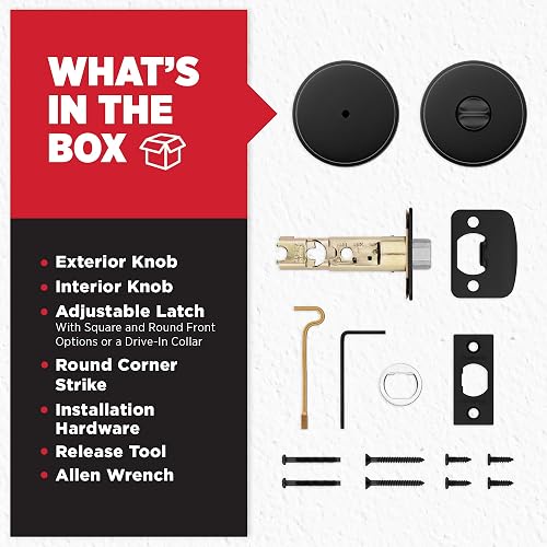 Kwikset Pismo - perilla de puerta con cierre de privacidad, mango interior con cerradura sin llave para puertas de recámara y baño, con rosa redonda, con protección Microban en negro mate