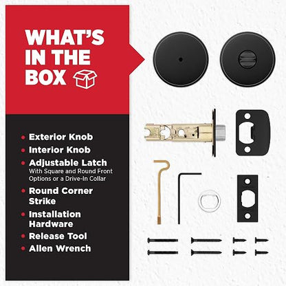 Kwikset Pismo - perilla de puerta con cierre de privacidad, mango interior con cerradura sin llave para puertas de recámara y baño, con rosa redonda, con protección Microban en negro mate