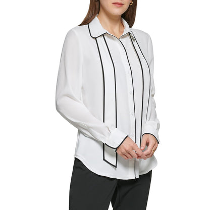 DKNY - Blusa de Manga Larga con Botones y Cuello Frontal para Mujer