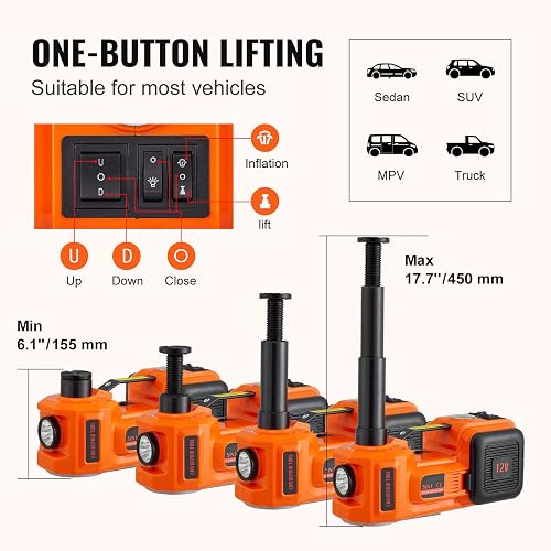 VEVOR Gato Hidráulico Eléctrico 5T 12V Elevador Automático de Automóvil 155-450 mm Gato Elevador con Luz LED Inflador de Neumáticos Set de Recuperación en Carretera Desmontadora de Neumáticos SUV Berlina