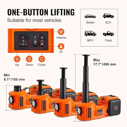 VEVOR Gato Hidráulico Eléctrico 5T 12V Elevador Automático de Automóvil 155-450 mm Gato Elevador con Luz LED Inflador de Neumáticos Set de Recuperación en Carretera Desmontadora de Neumáticos SUV Berlina