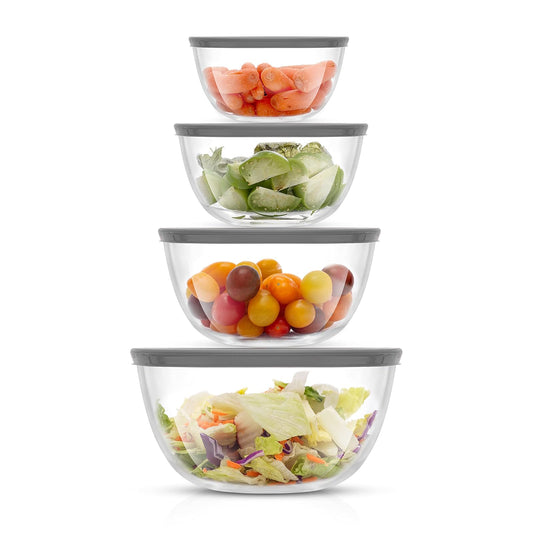 JoyJolt - Cuencos para mezclar de cocina, 8 piezas de vidrio con tapas, juego de 8 piezas de vidrio con tapa – rodar limpio y almacenamiento de cocina grande sin BPA gris