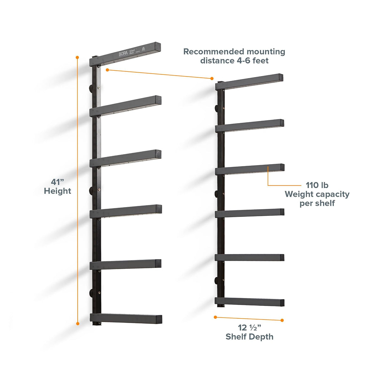 Bora Portamate - Organizador de madera y estante de metal para almacenamiento de madera con soporte de pared de 6 niveles, uso en interiores y exteriores, PBR-006B