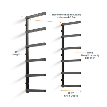 Bora Portamate - Organizador de madera y estante de metal para almacenamiento de madera con soporte de pared de 6 niveles, uso en interiores y exteriores, PBR-006B