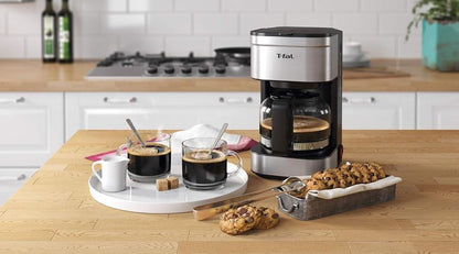 T-fal Cafetera de Filtro Elegance Inox CM223DMX | Capacidad 7 tazas, filtro permanente lavable, jarra de vidrio, sistema antigoteo