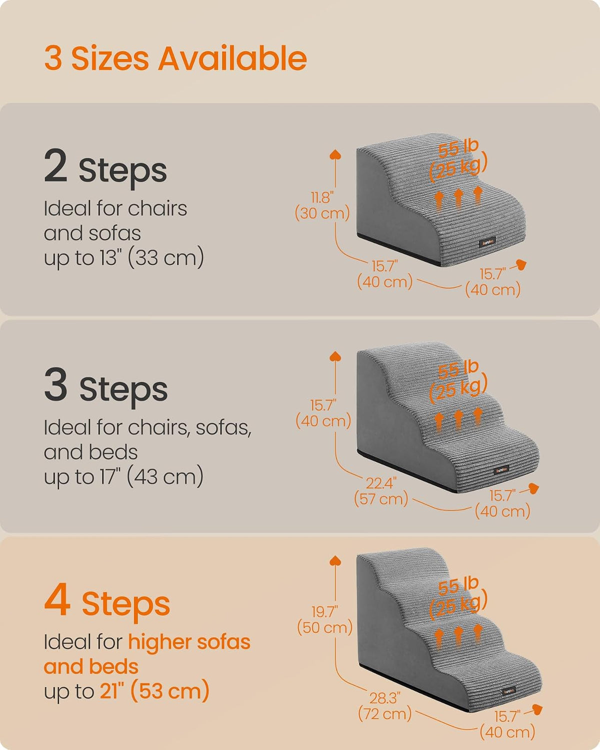 Feandrea Escalera para Perros de 4 Peldaños, Antideslizante, 72x40x50cm | Cubierta Lavable Extraíble, para Cama, Sofá, Gris, Colección BADDI MPPS004G01