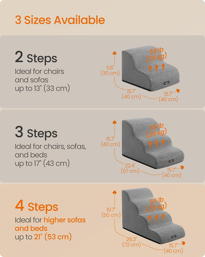 Feandrea Escalera para Perros de 4 Peldaños, Antideslizante, 72x40x50cm | Cubierta Lavable Extraíble, para Cama, Sofá, Gris, Colección BADDI MPPS004G01