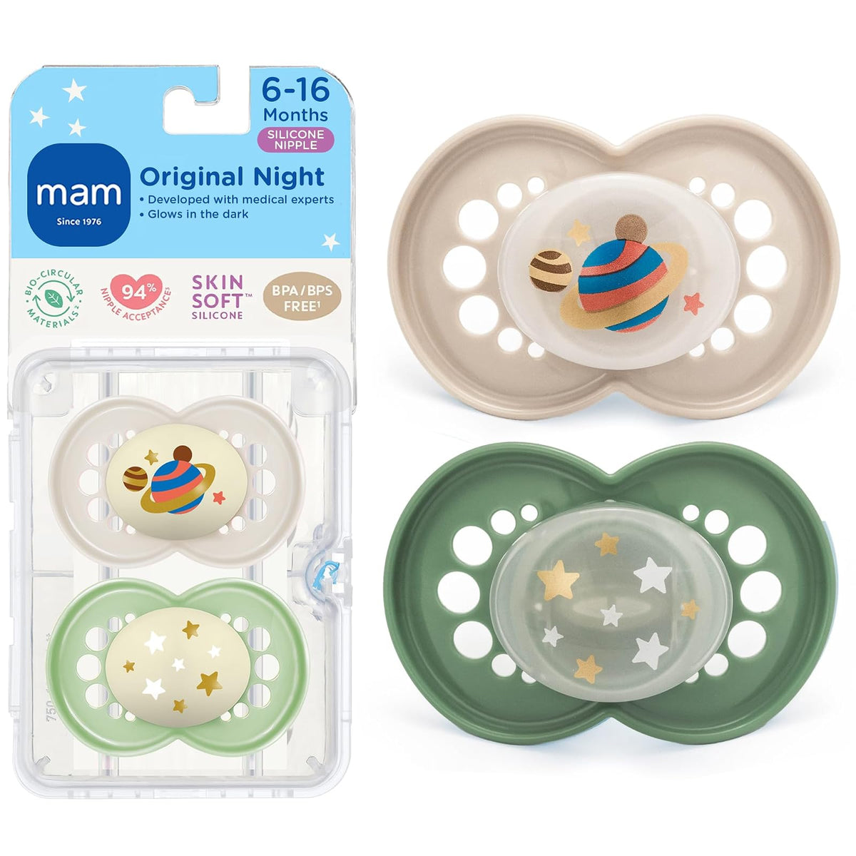 MAM - Chupones nocturnos originales para 6-16 meses, silicona sin BPA, brilla en la oscuridad, lo mejor para bebés recién nacidos, desarrollado con expertos médicos, 2 unidades, con estuche