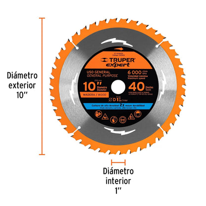 Truper Expert ST-1040EX, Disco sierra 10" para madera 40 dientes centro 1"