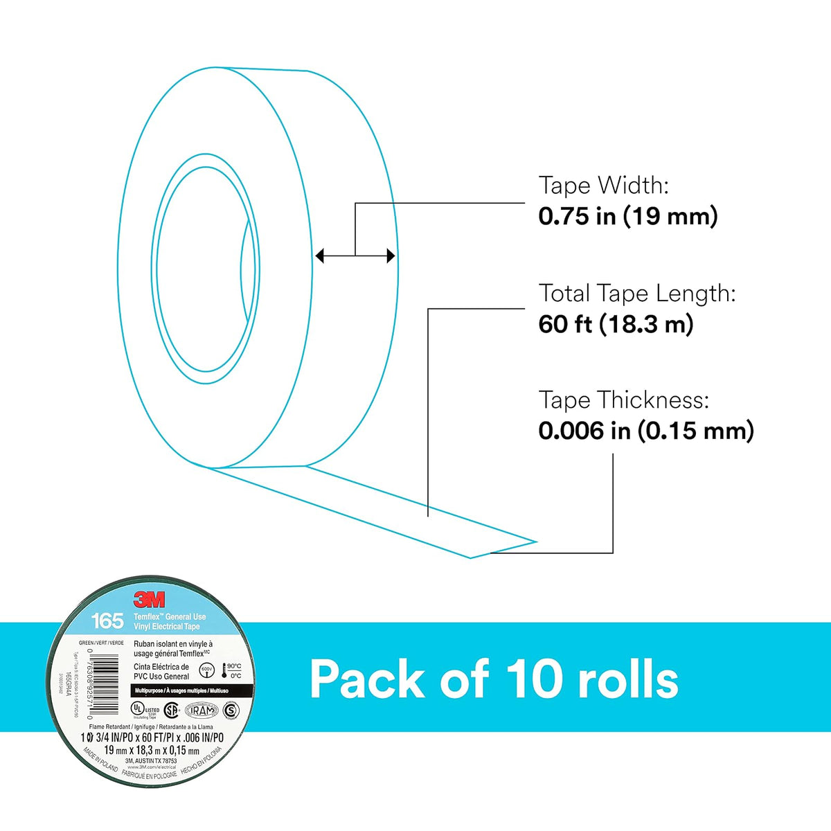 3M Temflex Cinta eléctrica de vinilo multiusos 165, verde, 19 mm x 18 m, paquete de 10 rollos