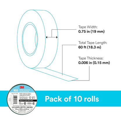 3M Temflex Cinta eléctrica de vinilo multiusos 165, verde, 19 mm x 18 m, paquete de 10 rollos