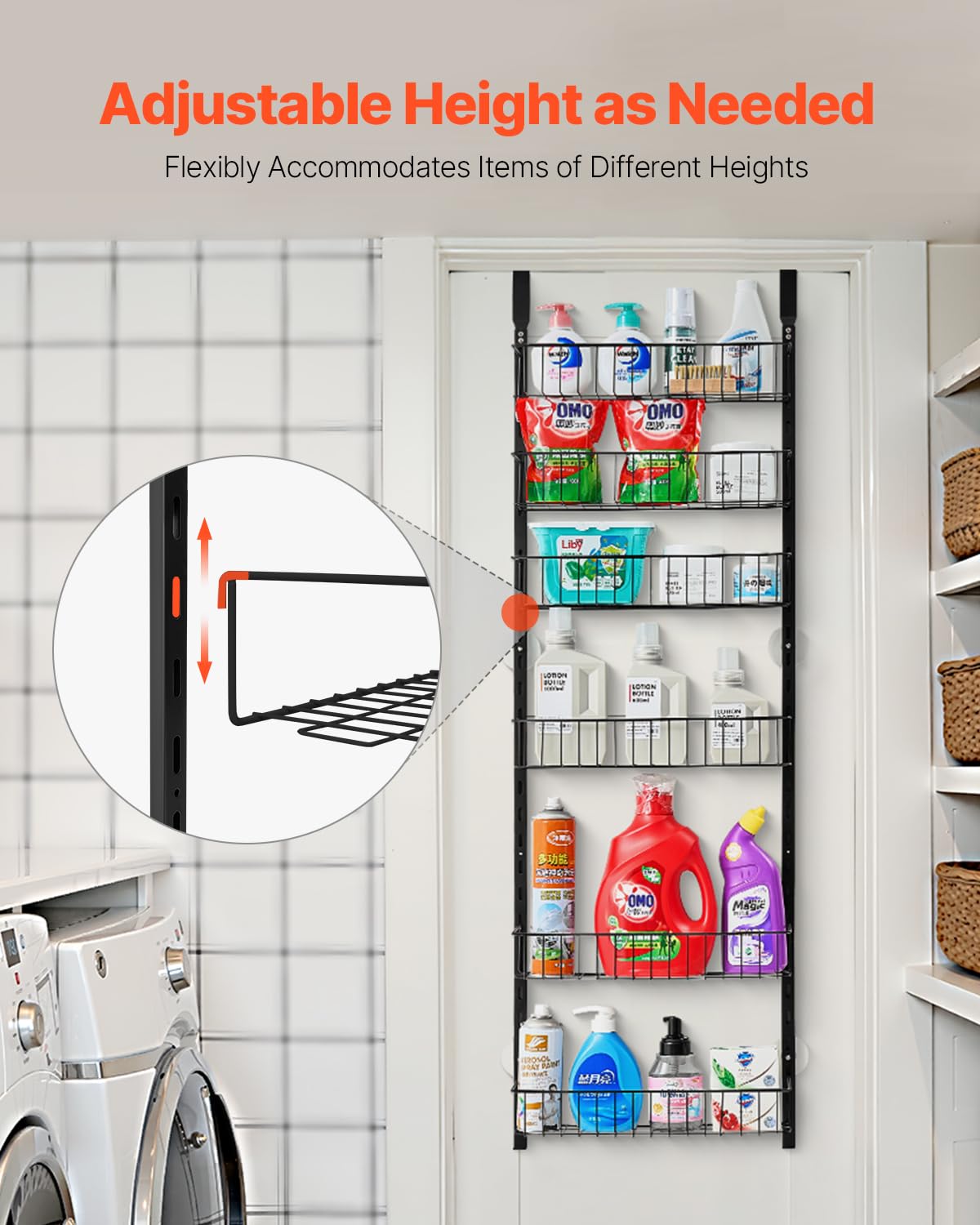 VEVOR Estante de Almacenamiento para Colgar Puerta 6 Niveles Organizador de despensa para puerta 42 x 18 x 133 cm Estante de Especias Colgante de Acero para Hogar, Cocina, Lavadero, Baño, Negro