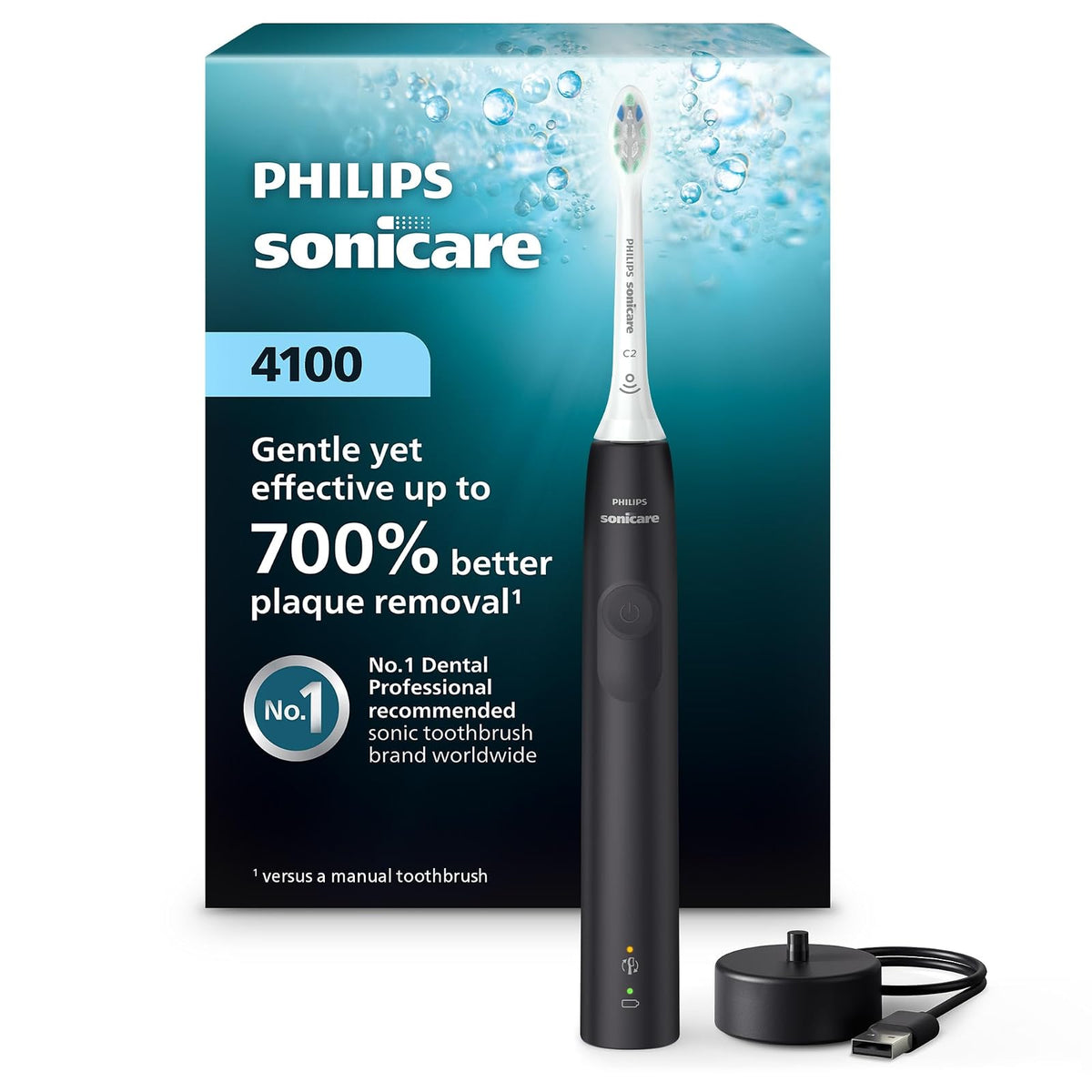 PHILIPS - Cepillo de dientes eléctrico Sonicare 4100, cepillo de dientes eléctrico recargable con sensor de presión, negro HX3681/24