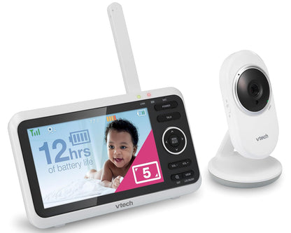 VTech VM350 Monitor de vídeo para bebé con pantalla de 5 pulgadas, largo alcance, visión nocturna por infrarrojos, conversación de dos vías, pantalla automática, sonidos calmantes y canciones de cuna, sensor de temperatura