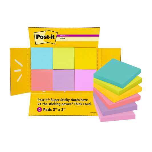 Post-it - Notas súper adhesivas, 3 x 3 pulgadas, 6 almohadillas para orejas/paquete, 90 hojas/almohadilla, colección exclusiva de colores , salpicaduras de agua, lima ácida, rosa tropical,