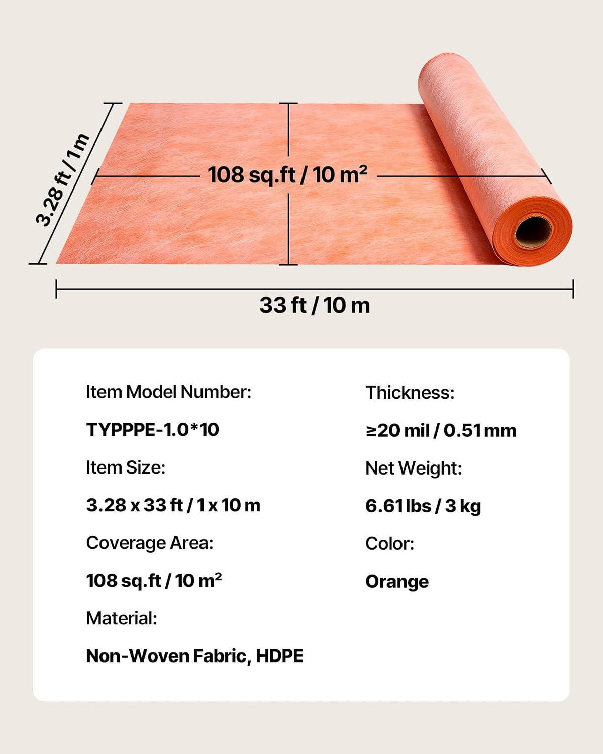 VEVOR Membrana Impermeable de Polietileno 1 x 10 m 10 m² Espesor de 0,5 mm, Lámina Impermeabilizante 1 Rollo, Tela no Tejida de 2 Capas, Membrana para Ducha para Azulejo, Cerámica, Pared, Naranja