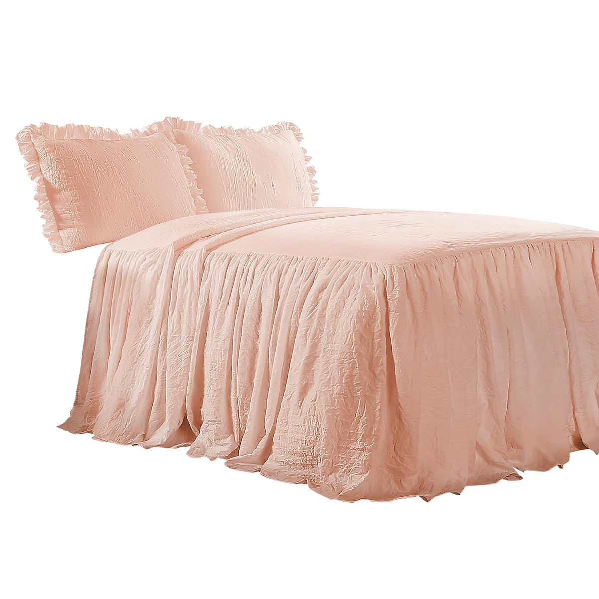 Lush Decor - Juego de Colcha de Falda con Volantes, 3 Piezas, Lujosa Ropa de Cama de Granja, Elegante Detalle de Volantes, Estilo Atemporal, sábanas Suaves y Ligeras, tamaño matrimonial, Color Rubor