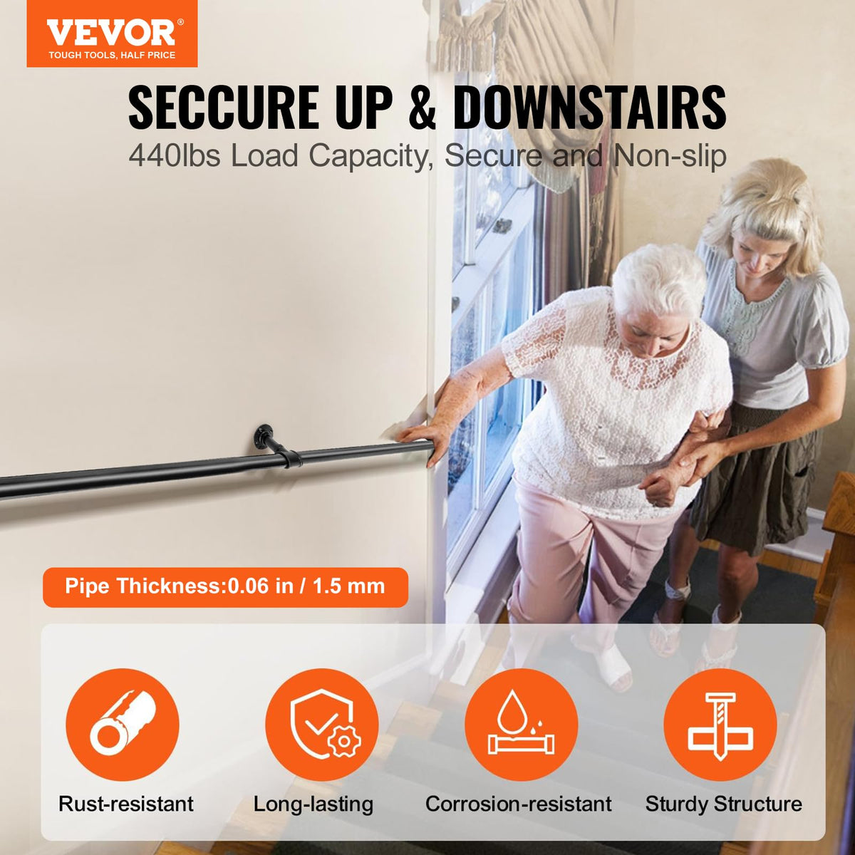 VEVOR - Pasamanos para escaleras de tubo, pasamanos para escaleras de 6 pies, capacidad de carga de 420 libras, pasamanos de tubería industrial con soporte de montaje en pared, barandillas de pared de
