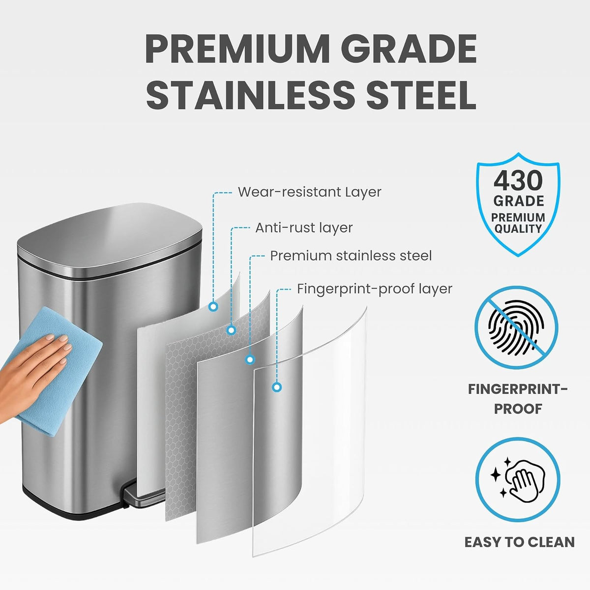 iTouchless softstep 13,2 Galón Acero inoxidable Paso Trash Can, 50 Litro Pedal Kitchen Trash Can