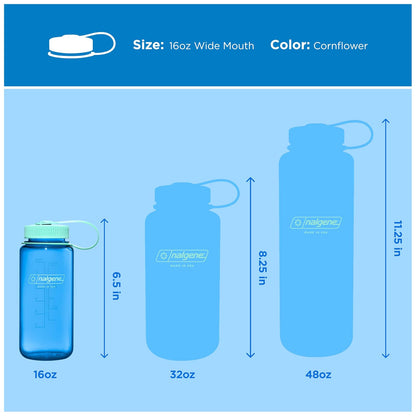 Nalgene Botella de agua – Botella ligera de Tritan sin BPA inastillable para mochileros, senderismo, gimnasio, 16 onzas, boca ancha, azul aciano