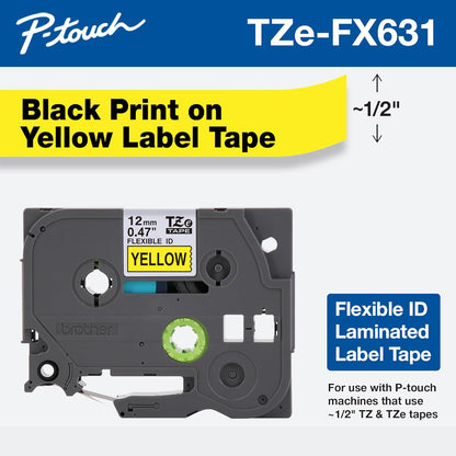 BROTHER Cinta Laminada Flexible TZe-FX631 | Negro sobre Amarillo, para Cables | Compatible con Rotuladores P-Touch | 12 mm x 8 m