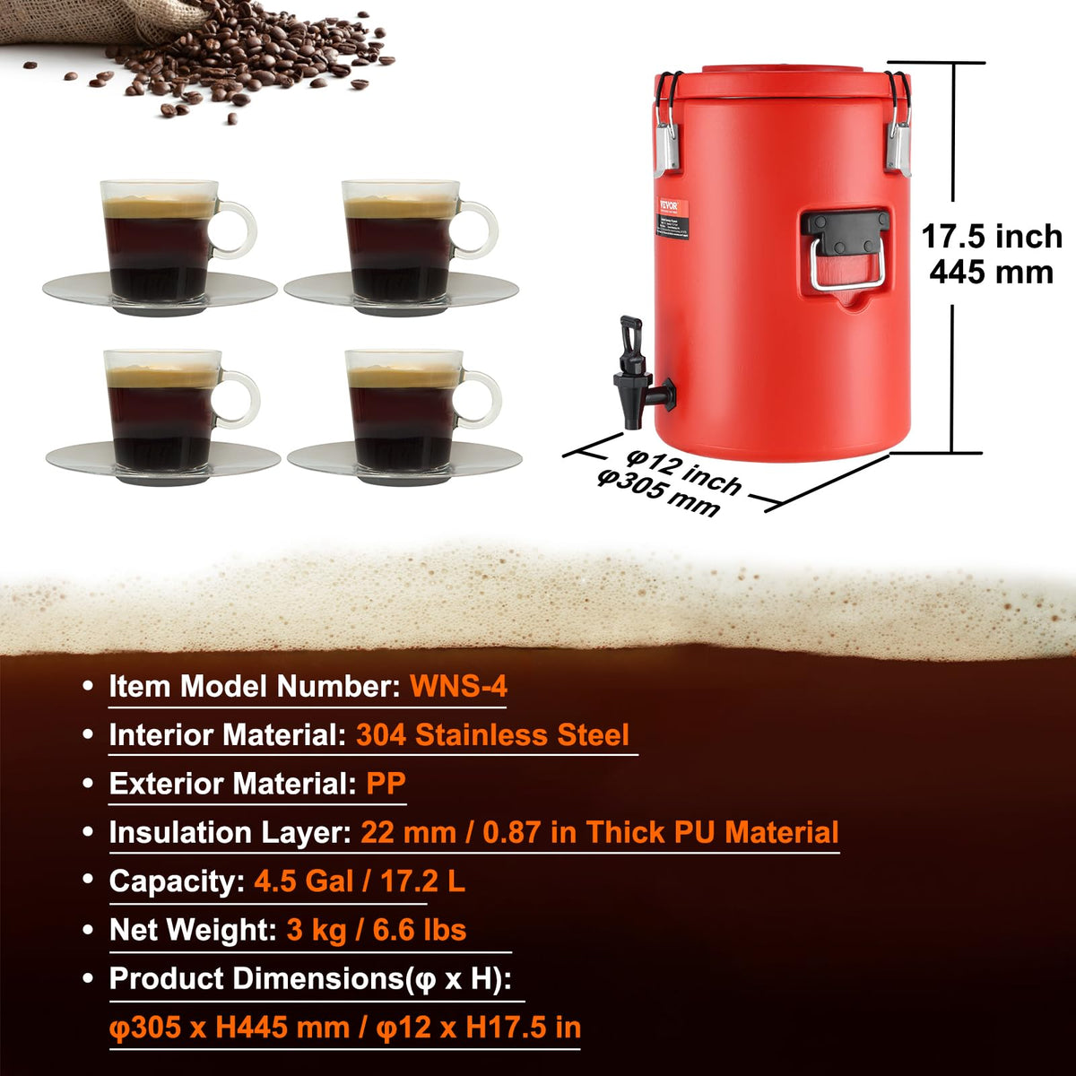 VEVOR Dispensador de bebidas aislado de acero inoxidable, 4.5 galones 17.2 litros, dispensador térmico de bebidas calientes y frías con mango de espita, grado alimenticio para té caliente, café, agua