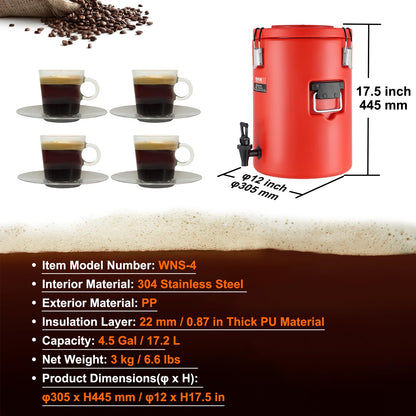 VEVOR Dispensador de bebidas aislado de acero inoxidable, 4.5 galones 17.2 litros, dispensador térmico de bebidas calientes y frías con mango de espita, grado alimenticio para té caliente, café, agua