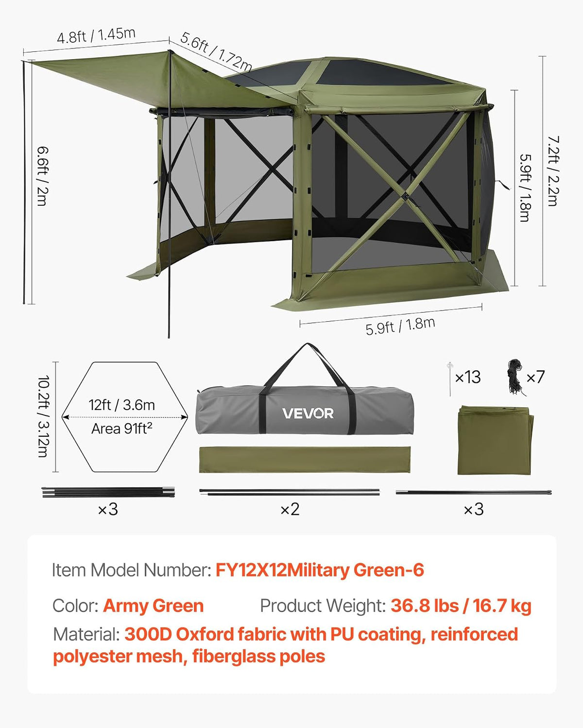 VEVOR Carpa Plegable de 6 Lados 3,6 x 3,6 m, Pérgola de Jardín con Techo Desmontable y Bolsa de Transporte, Carpa de Exterior para 8 a 10 Personas, para Fiesta, Camping, Playa, Patio, Jardín, Verde