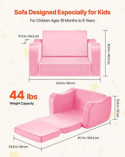 VEVOR Sofá Infantil 2 en 1, Convertible en Tumbona, Sofá Cama Plegable y Suave de Esponja 28D y Pelo Corto con Reposabrazos, Ideal para Jugar o Descansar Cómodamente para Niños, Talla M, Rosa