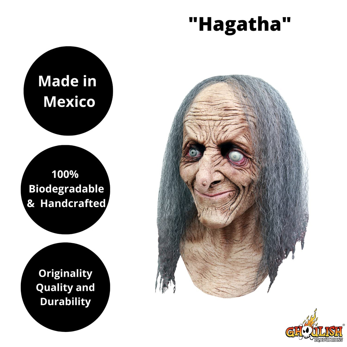 Hagatha, Máscara de Bruja Vieja Vidente de Miedo, Disfraz de Hechicera Viejita Aniciana Ideal para Halloween y Fiestas de Disfraces