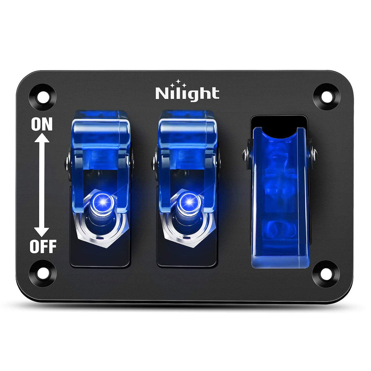 Nilight Panel de 3 Interruptores de Palanca 90132C, 12 V, con LED y Cubierta Abatible, SPST, Azul - 3Gang 2Pin Toggle Switch Panel