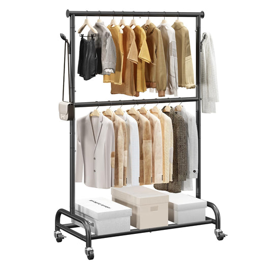 VEVOR Perchero Burro para Ropa con Barra Transversal y Ganchos Laterales, Burro de Ropa con Ruedas, Carga de 68 kg, de Acero al Carbono, para Dormitorio, Lavandería, Sala de Estar, 106,5x195,5 cm