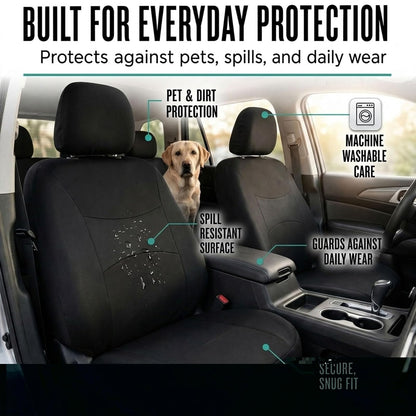 FH GROUP FB030BLACK115-COMBO Seat Cover Combo Set with Steering Wheel Cover and Seat Belt Pad (Airbag Compatible and Split Bench Black)