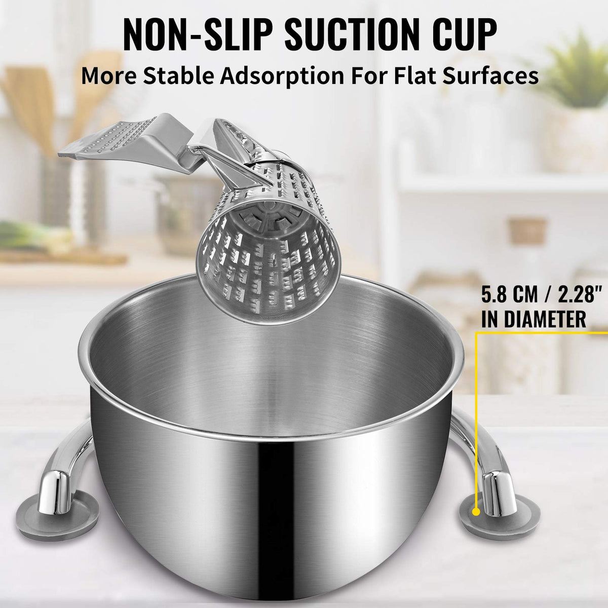 VEVOR - Rallador rotatorio de queso, mandolina rotativa de aleación de zinc, mandolina de queso manual con 5 conos de corte de acero inoxidable, rallador manual de verduras con tazón de 2,5 L, trituradora rotativa con base de succión