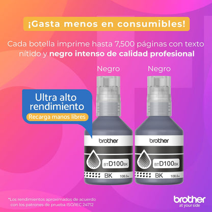 Brother Kit Botellas Tinta Negras InkBenefit Tank para Recarga BTD100BK2PK | Ultra Rendimiento 7,500 Páginas c/u, Original para multifuncionales InkBenefit Tank, Botellas Antiderrame