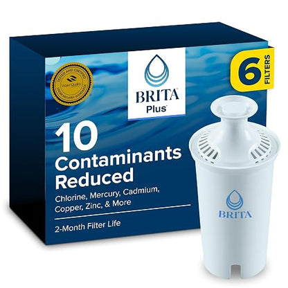 Brita Plus Filtro de agua, sin BPA, filtro de repuesto de alta densidad para jarras y dispensadores, reduce 2 contaminantes*, dura dos meses o 40 galones, incluye 6 filtros
