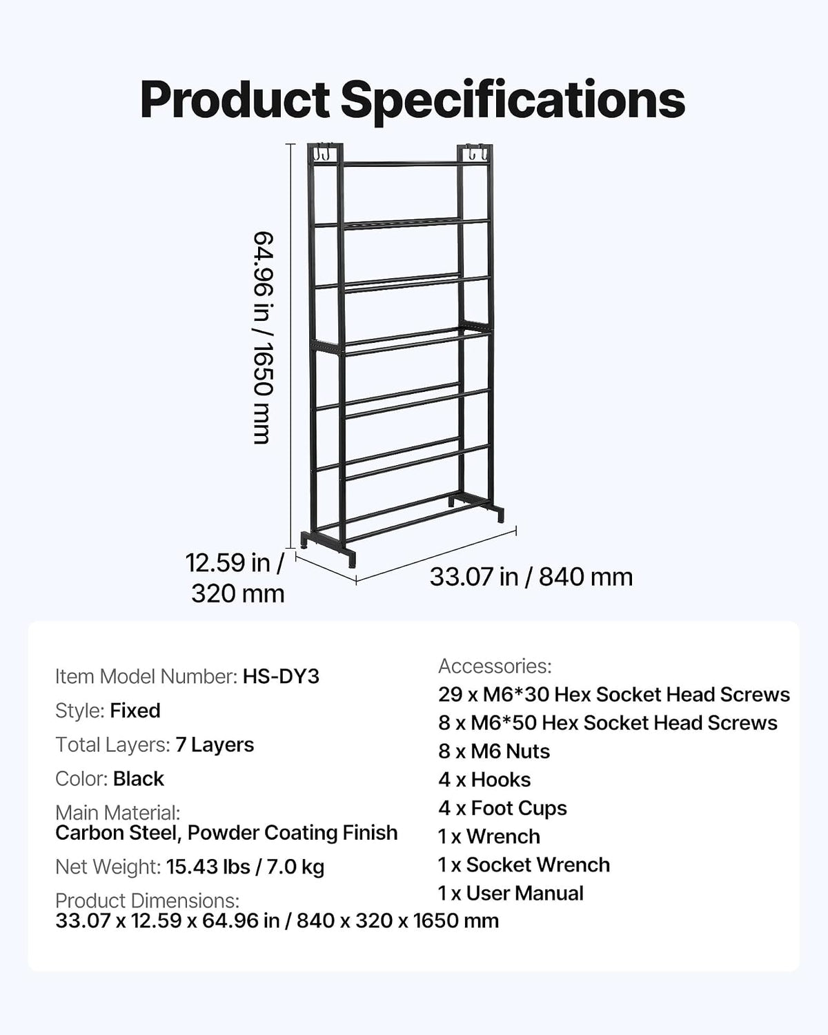 VEVOR Estante de Almacenamiento de Filamentos 7 Niveles para Impresión 3D Soporte de Metal para Carretes de Filamento 840 x 320 x 1650 mm Estante Fijo para Estudios, Talleres, Oficinas, Negro