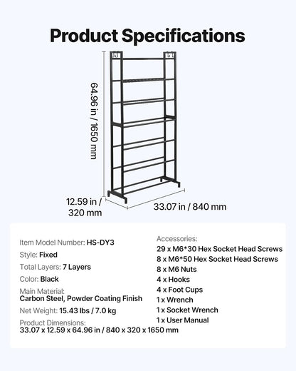 VEVOR Estante de Almacenamiento de Filamentos 7 Niveles para Impresión 3D Soporte de Metal para Carretes de Filamento 840 x 320 x 1650 mm Estante Fijo para Estudios, Talleres, Oficinas, Negro