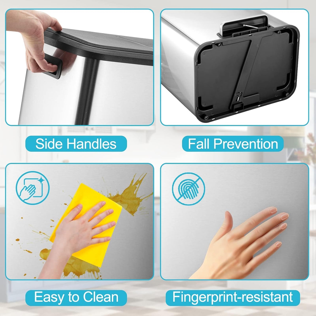MOVECOM - Bote de basura doble de 2 x 4 galones (30 litros) y cubeta de reciclaje, bote de acero inoxidable con tapa de cierre suave, cubos interiores extraíbles, cubeta de basura para la oficina en