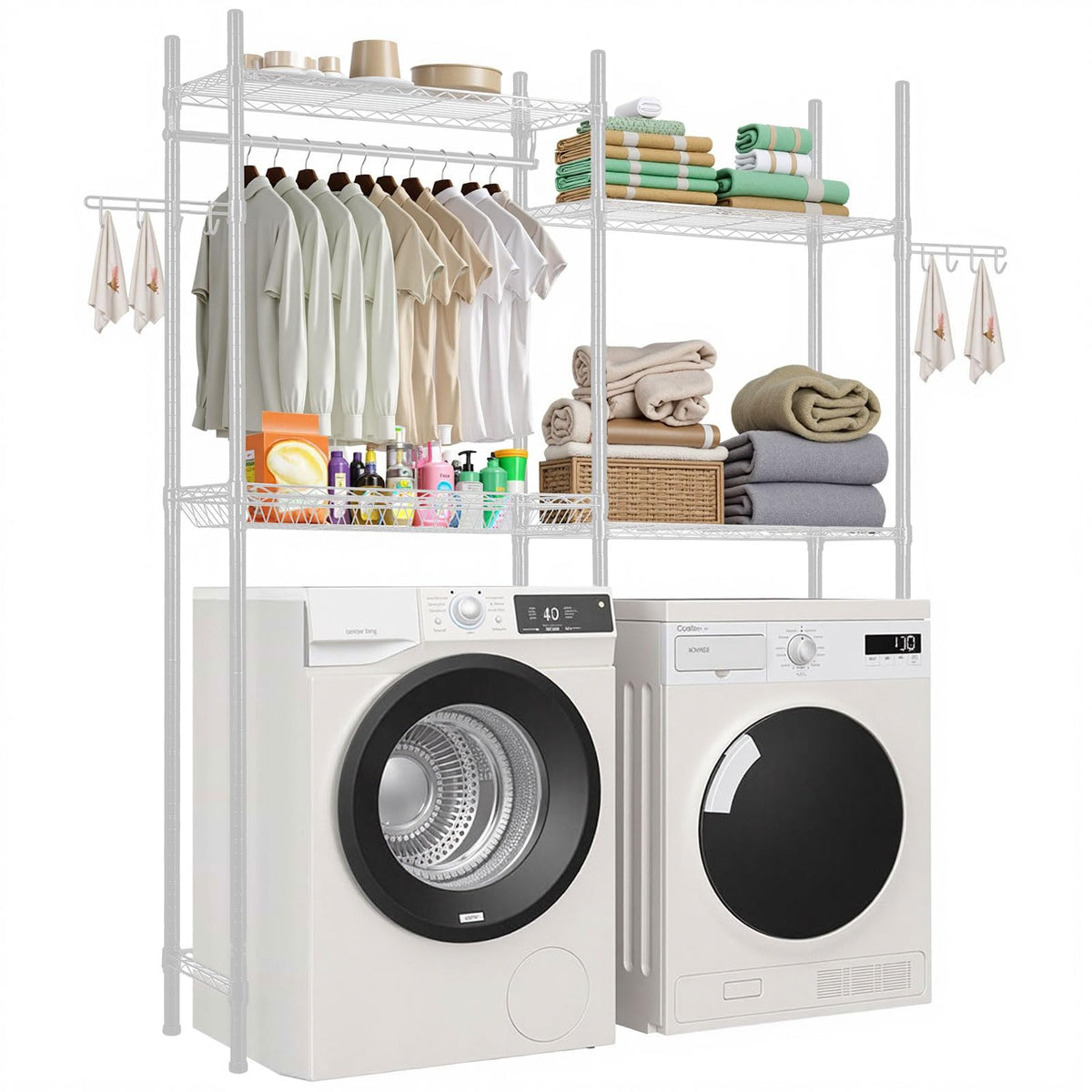 VEVOR - Estanterías de Almacenamiento para Lavadora y Secadora, 6 Niveles de lavandería con Barra de suspensión y Ganchos, Dos Filas de estantes Ajustables para Lavadora, Ahorro de Espacio, para - Jardín Blanco - Opulento - 34 x 196.5 x 161 cm