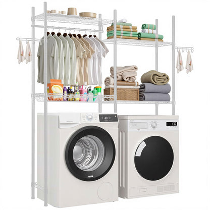 VEVOR - Estanterías de Almacenamiento para Lavadora y Secadora, 6 Niveles de lavandería con Barra de suspensión y Ganchos, Dos Filas de estantes Ajustables para Lavadora, Ahorro de Espacio, para - Jardín Blanco - Opulento - 34 x 196.5 x 161 cm