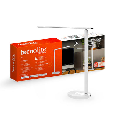 Tecnolite Connect - Lámpara de Mesa Inteligente WiFi LED 12 W con Estación de Carga Inalámbrica, Entrada USB, Luz Blanca Ajustable, Compatible con App móvil, Alexa, Google y Siri, Lámpara Interior