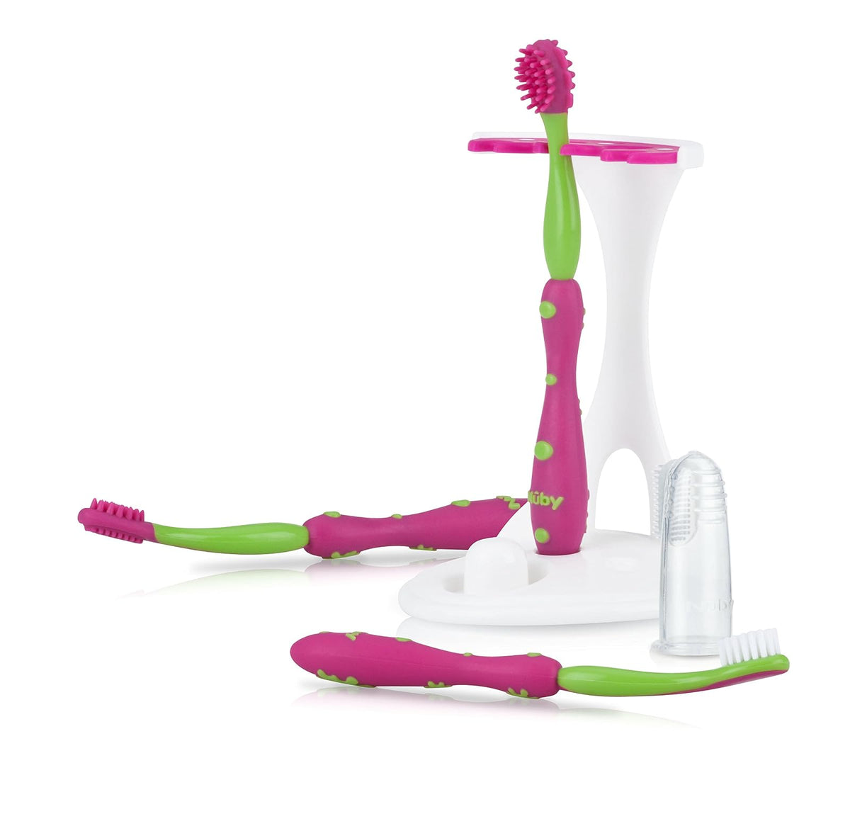 Nuby Juego De 3 Cepillos Dientes, Feeding Accessories Baby Boys, Rosa/verde, Unidad Paquete De 1