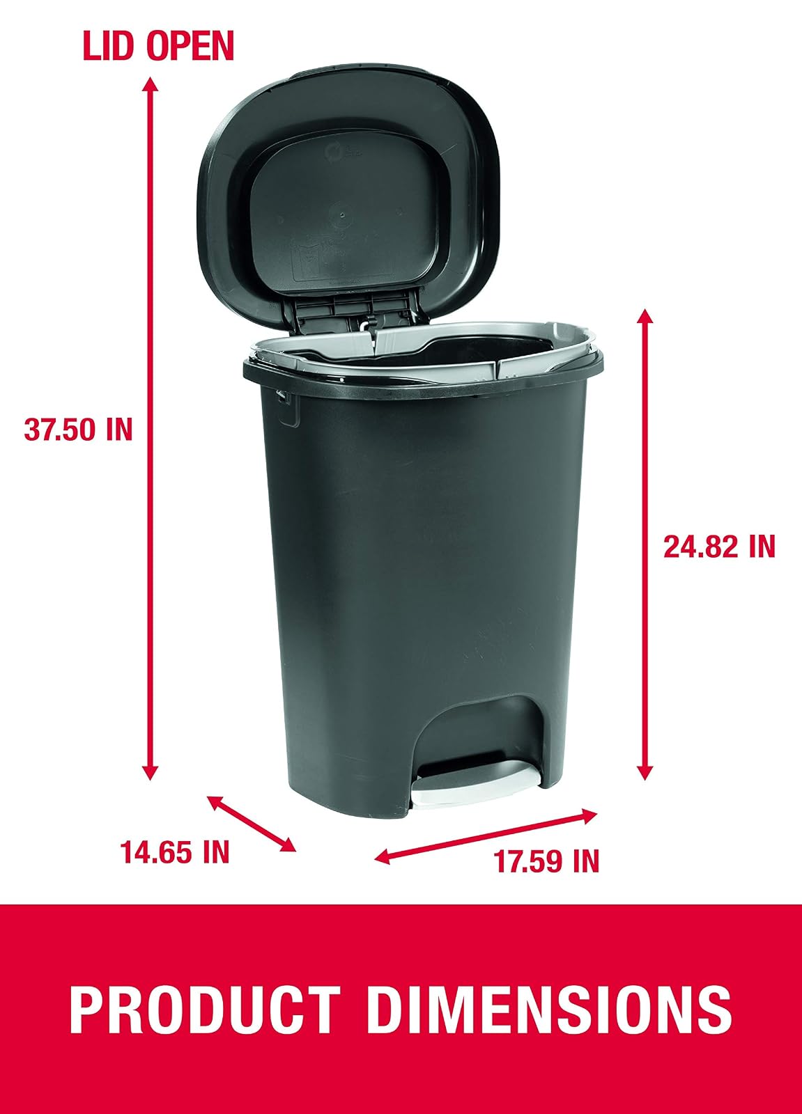Rubbermaid Classic - Papelera de alta calidad de 13 galones con tapa y pedal de acero inoxidable, cubeta de basura negro para cocina, hogar, oficina, cochera