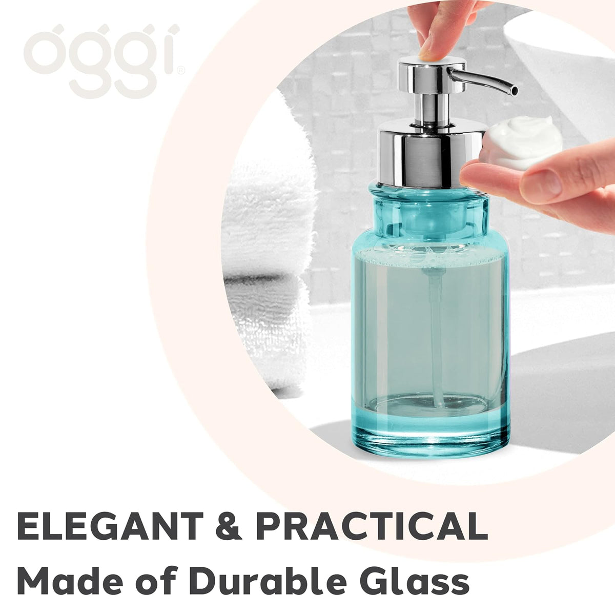 OGGI Dispensador de jabón espumante de vidrio – Capacidad de 10 onzas, redondo, vidrio pesado, elegante dispensador de jabón de manos rellenable, para baño y cocina, agua/cromo