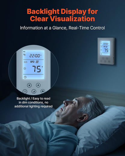 VEVOR Termostato programable de 7 días para calefacción por Suelo Radiante, Bomba de Calor, GFCI Integrado y Sensor Sensible, Pantalla LED retroiluminada, de bajo Consumo, Color Blanco.