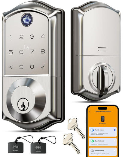 Veise VE017 - Cerradura de puerta inteligente con huellas dactilares, control de aplicación, entrada sin llave 7 en 1, bloqueo automático, puerto de alimentación de emergencia, teclado electrónico con